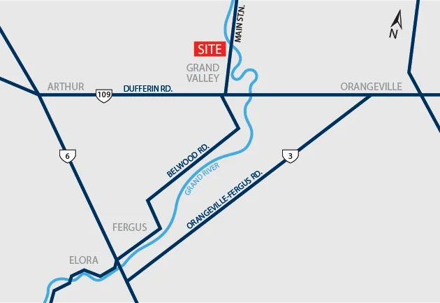 Map of Grand Valley showing the Luther’s Landing site near Highway 109